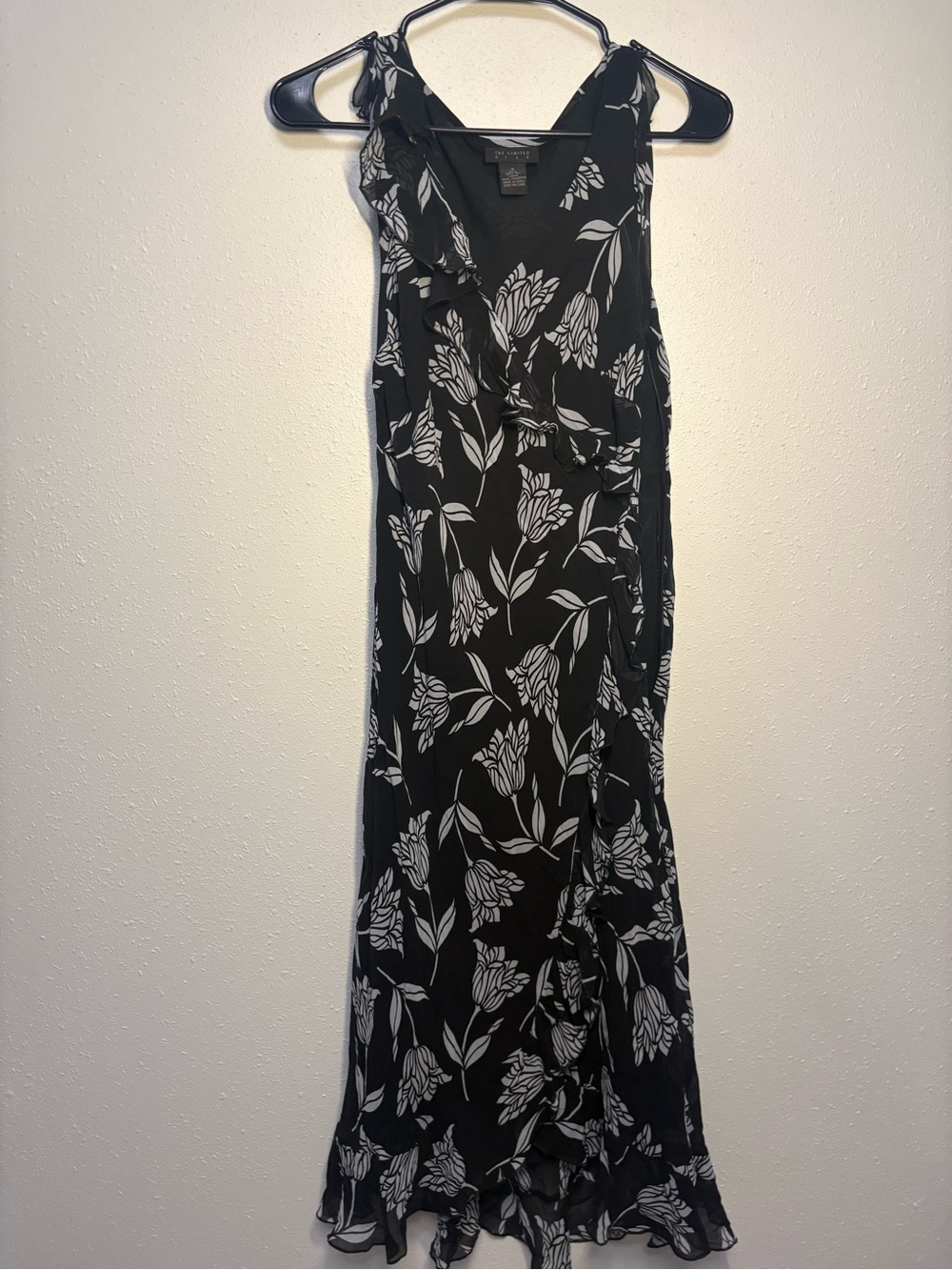 The Limited Silk Black and White Floral Maxi Wrap Dress with Ruffle Hem